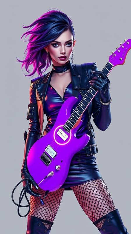 superheroine, hologram, alien punk, new wave rockstar, sparkling, glittering, caucasian female, tall, strong, beautiful, ethereal, edgy, medium shoulder-length hair, dark violet with periwinkle and lilac highlights, swept back on one side, spiky and curly, falling over one eye, beautiful model face, high cheekbones, silver/grey eyes, mascara, eyeliner, shimmering eyeshadow, crystal spear earrings, shimmering violet lipstick, metallic dark blue long sleeved shirt with zippers, shiny black shoulder pads, black leather bracers, black studded leather belt with glowing violet circle buckle, metallic dark blue miniskirt, black fishnet stockings, stiletto knee-high boots, metallic dark blue, holding glowing purple synth-guitar, seeing sound waves, full body pose