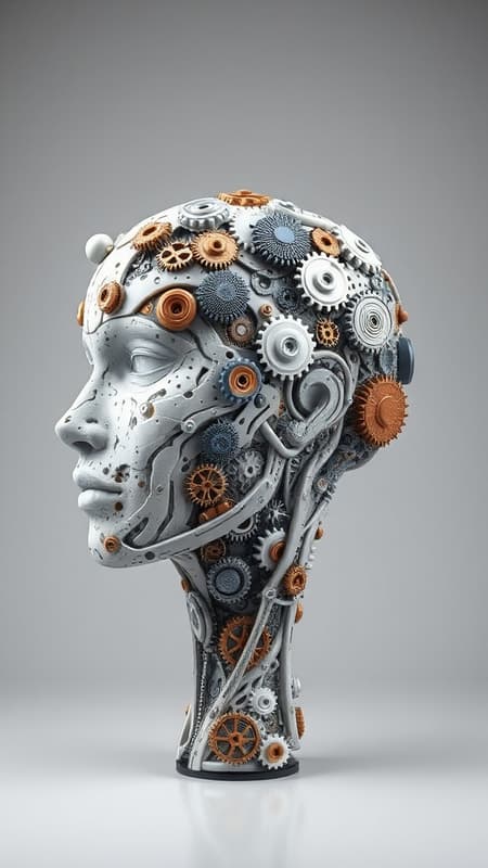 An abstract sculpture of a head and neck in slight profile, featuring intricately patterned skin composed of gears and mechanical elements, creating an organic yet technological appearance, in the style of digital realistic concept art, ultra-detailed and photorealistic. The muted color palette includes whites, blacks, browns, blues, gold, and silver, set against a light gray background with diffused lighting that casts no shadows on the sculpture. The surface of the sculpture appears as though it transitions seamlessly from organic to mechanical, with subtle highlights accentuating the interplay of materials and colors, maintaining a cohesive and harmonious aesthetic overall.