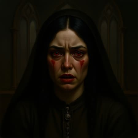 Realistic epic scene of a woman with black hair, characterized by a deeply saddened expression featuring red, swollen eyes and furrowed eyebrows, her nose tinged with red, cheeks streaked with tears, and a half-open mouth conveying despair. Her eyes and ears are beautifully detailed, set against dramatic Gothic lighting reminiscent of oil paintings by French artist Alexandre Cabanel. She wears a veil and a detailed neckline in front of an old Gothic cathedral with dim, gloomy lighting in the background. This evocative image captures a moment of raw emotion within a somber and atmospheric setting, avoiding modern elements and emphasizing classic artistic techniques.