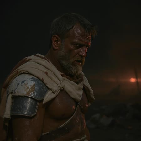 The exhausted gladiator stands amidst the aftermath of battle, his face a canvas of fear and horror, etched with lines of fatigue and defeat. Sand clings to his sweaty skin, mingling with streaks of grime, as he surveys the desolate, dim surroundings. An atmosphere of palpable darkness and dread envelops the scene. In post-production, the details are magnified with enhanced sharpness and contrast, bringing each scar and grain of sand into stark relief, casting a hyper-realistic gaze upon the moment. Subtle additions breathe life into the image: a faint glimmer of hope flickers in his eyes, the ghostly shapes of fallen adversaries fade into the shadowy periphery, and a soft, reddish glow hints at the first light of dawn breaking through the oppressive gloom. The exhausted gladiator stands amidst the aftermath of battle, his face a canvas of fear and horror, etched with lines of fatigue and defeat. Sand clings to his sweaty skin, mingling with streaks of grime, as he surveys the desolate, dim surroundings. An atmosphere of palpable darkness and dread envelops the scene. In post-production, the details are magnified with enhanced sharpness and contrast, bringing each scar and grain of sand into stark relief, casting a hyper-realistic gaze upon the moment. Subtle additions breathe life into the image: a faint glimmer of hope flickers in his eyes, the ghostly shapes of fallen adversaries fade into the shadowy periphery, and a soft, reddish glow hints at the first light of dawn breaking through the oppressive gloom.