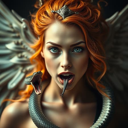 A warrior goddess with an angelic face and fiery hair, a serpent emerging from her open mouth, piercing large eyes, full-body portrait. Her skin appears smooth and flawless, captured in a magical photograph with dramatic lighting. The image embodies photorealism with an intimate, cinematic portrait composition, maintaining a subtle contrast.
