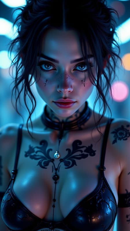 Photorealistic portrait of a futuristic gothic woman, focus on breasts, medium round breasts, with neon tattoos and holographic accessories, intense blue eyes, dark hair, messy hair, piercing, smooth and flawless skin, stark cinematic lighting, side spot lighting, cyberpunk fantasy style, in the style of octane render, 3D game art, in the style of Unreal Engine 5, electric volumetric light, ultra-sharp focus, HDR, in the style of Unreal Engine, HDRI, ray tracing, 8K. Masterpiece, best quality, highly detailed, vivid focus, dynamic lighting