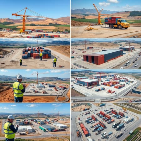 Photographs depicting the ongoing construction of the dry port in Drogobich, showcasing various stages and aspects of development including cranes lifting shipping containers, workers in high-visibility gear coordinating logistics, machinery smoothing out foundation area, teams assembling storage facilities and warehouses, panoramic views of the bustling construction site with a backdrop of rolling hills, close-up shots of engineers examining blueprints and discussing project progress, dynamic images of transport trucks maneuvering within the site, and aerial views capturing the expanding infrastructure layout surrounded by a network of new transport links and emerging trade routes. Photographs depicting the ongoing construction of the dry port in Drogobich, showcasing various stages and aspects of development including cranes lifting shipping containers, workers in high-visibility gear coordinating logistics, machinery smoothing out foundation area, teams assembling storage facilities and warehouses, panoramic views of the bustling construction site with a backdrop of rolling hills, close-up shots of engineers examining blueprints and discussing project progress, dynamic images of transport trucks maneuvering within the site, and aerial views capturing the expanding infrastructure layout surrounded by a network of new transport links and emerging trade routes.