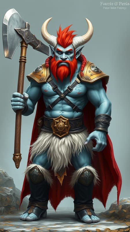 From the realm of faeries and fantasy. A handsome troll with pale blue skin (((blue skin))) Warrior. He wields a giant Viking war axe. Tall, strong, big muscles, muscular, sinewy, broad chested, wide back, narrow waist, bodybuilder. Short fiery red hair, mullet with middle-parted bangs. White steer horns curved upwards from the front of his temples. Handsome masculine rugged face, Icy blue eyes, strong brow and jaw. Dark red goatee, neatly trimmed. Golden pauldrons trimmed with black on broad shoulders. Black leather bondage harness on his bare chest, dark blue tribal tattoos on his chest. Black leather bracers on strong arms. White fur loincloth covering his girth, exposing strong muscular legs, a golden Viking styled belt trimmed with black around his waist. Knee-high black leather boots with white fur tops. A Scarlet-red short cape with golden-yellow Viking designed trim around the edges. Full body pose, axe raised in warrior stance.  {{MASTERPIECE}} 