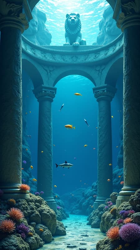 Beneath the ocean's vast depths lies a majestic palace perched atop an underwater mountain, where a colossal stone lion stands regal guard, embodying the sovereign's grandeur. Inside, the palace boasts an intricate and elegant design, with pillars etched in the likeness of enigmatic sea creatures, their forms conveying an air of attentive vigilance throughout the chambers. Each nook and cranny unveils a unique ambiance—tranquil streams meander alongside serene gardens, illuminated by radiant lights that mimic the sparkling cosmos. Schools of vibrant fish glide effortlessly through the water, while the kaleidoscope of corals and shells, akin to masterful sculptures, decorates the palace with splashes of brilliance. In this enchanting realm, one feels transported to an extraordinary kingdom where myriad creatures—fish, sharks, turtles, and playful bubbles—grace the surroundings with their constant, mesmerizing dance.