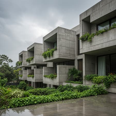 A contemporary, brutalist-inspired residential building is surrounded by vibrant greenery. The structure is composed of raw, exposed concrete with a series of large, rectangular cantilevered slabs, featuring sharp, clean lines and varying depths that enhance its dimensionality. Plants seamlessly integrate into the design, with lush greenery cascading over concrete edges, harmonizing the natural elements with the industrial aesthetic. Captured with a full-frame DSLR or mirrorless camera using a wide-angle lens, the photograph encompasses the full breadth of the structure and its surrounding landscape, maintaining a sense of depth and scale. The lens is set to a small aperture for sharp focus on both the building and the foreground greenery. The composition is meticulously symmetrical, with the building prominently centered. Horizontally aligned, it occupies the middle of the frame while greenery fills the lower portion and a moody, cloud-filled sky takes the upper third, creating a balanced, layered composition. The soft, diffused light from the overcast sky eliminates harsh shadows, accentuating the texture of the concrete and sustaining a subtle, atmospheric mood. A wet patio in the foreground reflects the soft light, adding texture and anchoring the image firmly in its environment.