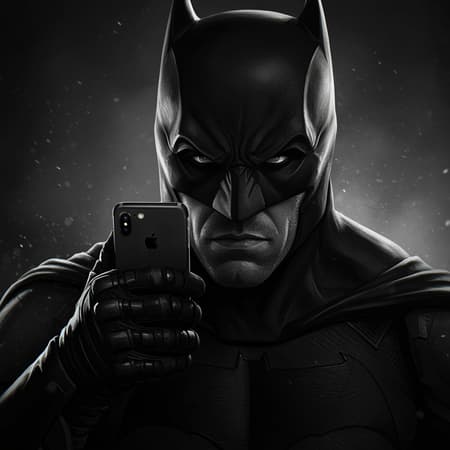 Batman gripping a smartphone, captured in a dramatic black and white portrait style. Rendered with hyper-realistic detail, evoking the bold and intense techniques reminiscent of Rob Liefeld. The close-up shot exudes an intensity akin to the works of George Stefanescu and Nathan Wirth. This superhero composition emphasizes the contrast of shadows and highlights, showcasing Batman's determined gaze and the intricate textures of his costume amidst an air of mystery and sophistication.