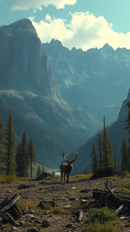 Towering majestic mountains serve as the backdrop to a serene valley where a lone deer stands gracefully amidst the remnants of a forgotten world. The eerie silence is occasionally broken by rustling leaves as shadows of wandering figures emerge, remnants of humanity transformed by a mysterious plague. Nature's regrowth intertwines with the haunting presence of these once-human entities, painting a juxtaposed landscape where decay and renewal coexist in an everlasting dance.