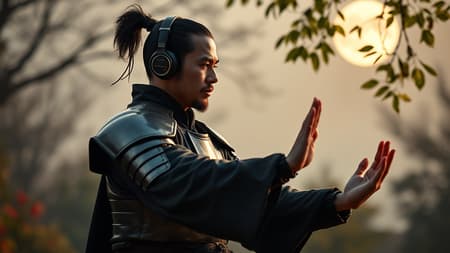 A male warrior clad in sleek, full-body armor that gleams subtly in the moonlight, stands confidently in a tranquil garden. Wrapped around his head are wireless headphones, through which the soft notes of a symphony flow, setting the rhythm for his graceful movements. With a serene expression, he performs Tai Chi, his body's fluid motions contrasting with the rigid lines of his armor, while the classical music intertwines with the gentle rustling of leaves in the breeze.
