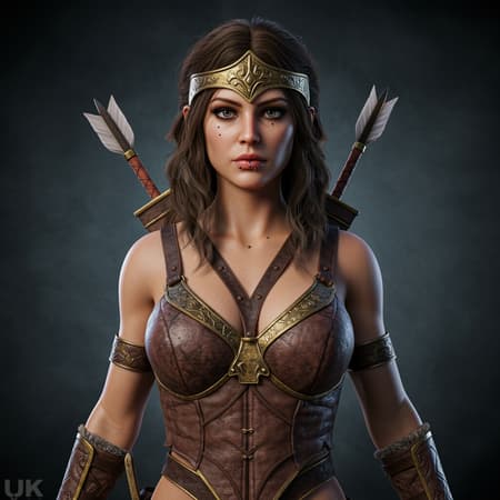 Female warrior dressed as an Amazon, gazing directly at the viewer, portrait style, high-resolution photograph capturing realistic details of the skin, photo-realistic quality at 8k resolution, displaying intricate details in a full-length frame. The art features high detail with vibrant color, highlighting characteristics like piercings. The scene is bathed in diffused soft lighting, using shallow depth of field and sharp focus for a hyperrealistic effect. The lighting is cinematic, evoking a CGI feel, while being inspired by 3D effects. Artifacts, blurriness, and poor-quality attributes are absent, ensuring accurate anatomy and proportions, with no duplication or deformities. Every aspect is crafted to exclude any errors like extra or missing limbs, disfigurement, or unnatural proportions. All elements are seamlessly integrated for a cohesive and polished visual experience.