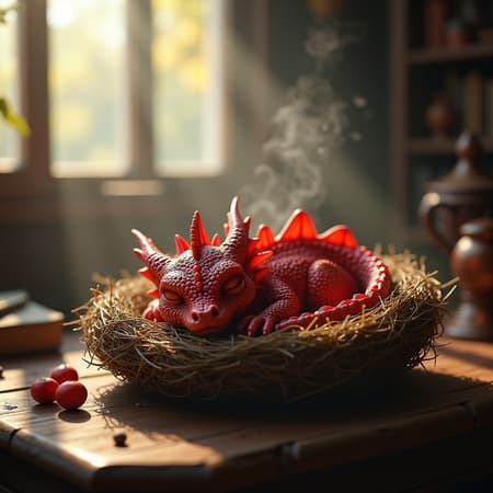 Photorealistic depiction of a small crimson dragon sleeping peacefully in its cozy nest, set on a medieval wizard's table. The scene is captured with a macro lens at f/2.8, with soft morning light streaming through a nearby window, casting gentle shadows. Wisps of steam rise from nearby mystical artifacts, forming intricate shapes in the air. The environment exudes warmth and comfort, reflecting themes of medieval fantasy, D&D, and RPG. Rendered in ultra-high detail, 16K and 8K resolution, bringing the magical scene to life.