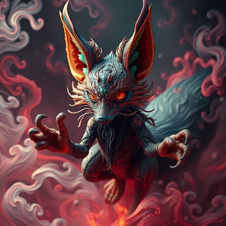 A vividly detailed mythical fox spirit characterized by intricate and ornate features, set in a psychedelic scene with swirling, turbulent fluids and fractal patterns. The environment is filled with smokey, symmetrical visuals in sharp focus, with vibrant colors enhanced by volumetric fog and studio lighting. The imagery carries a sense of depth of field, created using advanced rendering techniques such as Unreal Engine and Octane Render, including elements of raytracing. Despite having elements of error like text anomalies, the depiction includes intentional visual glitches like missing fingers or extra digits, which add to the mystical feel. The creature appears partially cropped, surrounded by subtle jpeg artifacts and artist signatures, contributing to an organic, imperfect appearance. Its anatomy is whimsically distorted, with extra limbs and digits, poorly drawn hands and feet, all contributing to a disfigured yet compelling presentation. The overall composition is chaotic and surreal, with features that are blurry or fuzzy, giving it a misshaped, mutant-like appearance. The imagery exudes a sense of gross, otherworldly beauty with elements that some might find ugly, accompanied by digital watermarks.