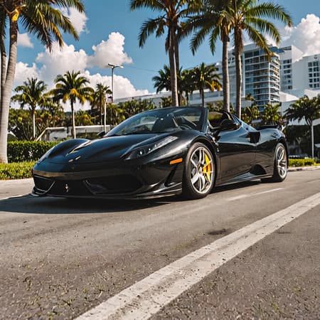 night photo, cinematic photo of black Ferrari, Miami, rainy weather, perfect lighting, vibrant, high detailed, epic night photo, cinematic photo of black Ferrari, Miami, rainy weather, perfect lighting, vibrant, high detailed, epic
