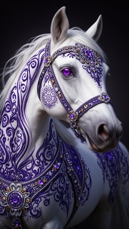 Close-up shot of a magnificent white horse, head and shoulder visible, looking slightly to the right. The horse is intricately adorned with ornate, jewel-encrusted harness-like patterns in royal purple and deep blue, with metallic silver and gold accents. The patterns feature swirling lines, floral motifs, and mandalas. The horse's eyes are a striking purple, matching the main embellishments. The art style is a blend of photorealism and highly detailed illustration, almost like a living sculpture. Soft, dramatic lighting highlights the textures and jewels, casting subtle shadows. The mood is majestic and mystical. The colors are predominantly white, deep purples, blues, and silver/gold, against a dark, featureless background, creating a rich and elegant atmosphere.