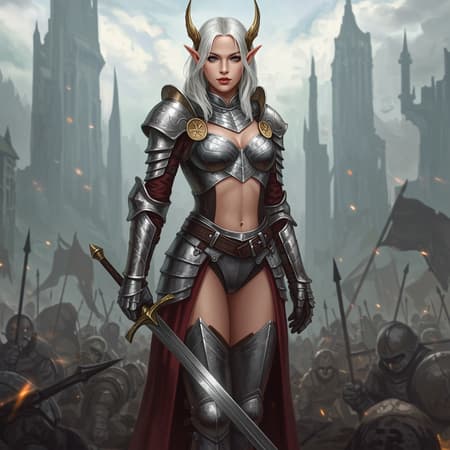 A stunning female warrior standing confidently on a battlefield, showcasing a beautiful and intricately detailed face, embodying the essence of fantasy art. The illustration captures her as an epic figure with smooth, hyper-detailed features, focusing sharply on the elegance of her form. Set in a fantastical world, the scene is richly detailed, emphasizing the allure and strength of this warrior amidst the chaos of battle. Ensuring a flawless depiction, the image avoids artifacts like extra limbs, poorly drawn features, or any deformations, presenting an inspiring and mesmerizing vision.