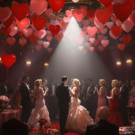 AI Valentine's Day Design Valentine's Day celebration, 1920s jazz club ambiance featuring heart balloons adorning the ceiling, in digital art style with alluring background blur and dramatic spotlight. This piece is rendered in 8K, showcasing volumetric lighting and intense sharp focus, capturing symmetrical features reminiscent of James Dean, Audrey Hepburn, Humphrey Bogart, and Marilyn Monroe. Inspired by a majestic oil painting, this artwork echoes the sophisticated touch of Ed Binkley, Atey Ghailan, and the whimsical charm of Studio Ghibli, while blending the dynamic compositions of Jeremy Mann, Gregory Manchess, and Antonio Moro. The image is highly intricate and detailed, trending on ArtStation and CGSociety, with a photorealistic and dramatic flair by Midjourney and Greg Rutkowski, avoiding duplication or distortion with elegantly portrayed figures and seamless anatomy.