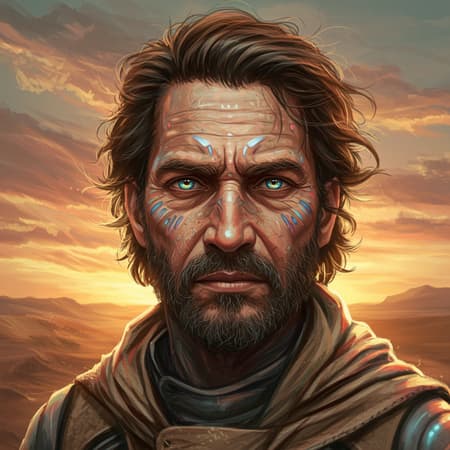 An ultra-detailed and beautifully painted psychedelic portrait of a rugged male character inspired by Dune, centered and intricate, with a blend of artistic styles by Conrad Roset, Greg Rutkowski, and Makoto Shinkai. The composition showcases a windswept desert landscape in the background, shimmering under a surreal sunset. The character's piercing eyes hold a deep wisdom, reflecting the hues of a psychedelic color palette. His expression is both stern and contemplative, surrounded by ethereal patterns that dance around him. Textures and lighting contribute to a realistic yet cinematic feel, with intricate details in the clothing and skin reminiscent of windswept signifiers of the desert. This artwork captures the complexity and mystique of the Dune universe, exuding a sense of adventure and depth, perfect for trending on ArtStation.