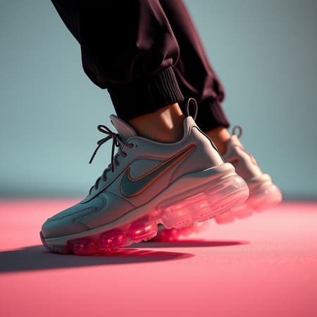 sneakers featuring an embedded nike logo, silicone soles with pastel hues, designed by craig green, photographed in a well-lit fashion shoot, exhibiting sharp focus and extensive detail, evoking a cinematic and futuristic aesthetic, embodying glamour and symmetry, reminiscent of vogue editorial style, lustrous and polished, capturing the essence of a high-fashion magazine shoot