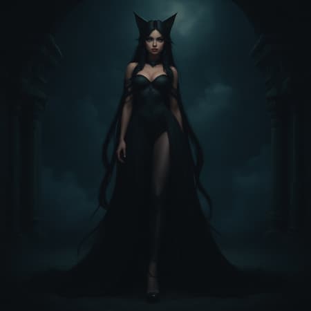 A captivating scene of a dark elf fitness girl situated in a vast underground cave complex, intricately detailed and rendered in 8k ultra high definition. Captured with the precision of a FujiFilm XT3 and presented with soft lighting to enhance her features, she embodies grace and athleticism. Her long black hair cascades around her reflective eyes, accentuated by expert makeup and sleek mascara. The night elf's outfit highlights her athletic build, with tasteful cleavage and bare legs, and is completed with high heels, adding elegance to her striking pose. The addition of cat ears lends an enchanting touch to her character. The environment is enveloped in a mystical fog, adding depth to this dramatic and intricate portrayal, while the scene trends on platforms like ArtStation and CGSociety for its exceptional detail. The atmosphere seems to blend with the sky above, hinting at clouds and an outdoor element, all framed in a canvas style that combines cartoonish charm with 3D artistry. This unique synthesis of elements invokes a dreamlike quality, kept in check by an eye for high detail and compositional integrity.