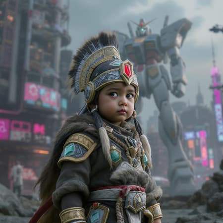 A full body portrait of a small child wearing Coatl-inspired attire, set in a cyberpunk universe. In the background, a massive gundam towers over a bustling, blurred cityscape, capturing the essence of a futuristic metropolis. The scene, rendered with stunning detail, evokes a sense of awe and wonder, combining elements of traditional culture with high-tech aesthetics. The composition follows the rule of thirds, with the child's intricate attire in sharp focus, while the gundam and city provide a vibrant, yet slightly out-of-focus backdrop, creating a harmonious blend of tradition and futurism. This vivid portrayal, envisioned as a concept art masterpiece, leverages advanced techniques akin to those used in ArtStation, 8k octane render, and Unreal Engine projects.