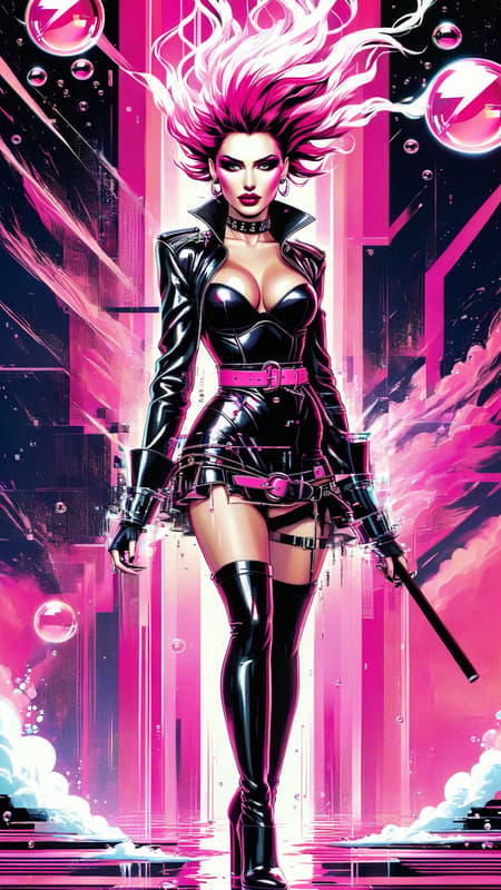 The fine line between Punk and Posh. Supervillain, Punk Rocker, rich girl. She has the ability to pull water vapor from the air to create bursts of fizzy pink bubbles that have the power to intoxicate people. She can also blast people with fizzy pressure. Caucasian female, feminine woman. Tall, strong, slim, athletic model. Punk edge. Pale skin, soft make-up in shades of pink. Beautiful face. Short hair, spiky style swept up, Bangs falling over to one side. Her hair is a soft strawberry pink, her eyes are magenta colored, and very seductive. Shocking pink minidress with cut-out designs. A pink leather belt with silver studs around her waist. Soft pink stockings on her shapely legs, and shocking pink knee-high boots with high heels. Full body pose. She is known as Pink Champagne, because she has the ability to produce fizzy pink bubbles from thin air. They are intoxicating. The fine line between Punk and Posh. Supervillain, Punk Rocker, rich girl. She has the ability to pull water vapor from the air to create bursts of fizzy pink bubbles that have the power to intoxicate people. She can also blast people with fizzy pressure. Caucasian female, feminine woman. Tall, strong, slim, athletic model. Punk edge. Pale skin, soft make-up in shades of pink. Beautiful face. Short hair, spiky style swept up, Bangs falling over to one side. Her hair is a soft strawberry pink, her eyes are magenta colored, and very seductive. Shocking pink minidress with cut-out designs. A pink leather belt with silver studs around her waist. Soft pink stockings on her shapely legs, and shocking pink knee-high boots with high heels. Full body pose. She is known as Pink Champagne, because she has the ability to produce fizzy pink bubbles from thin air. They are intoxicating.