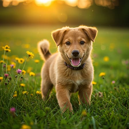 a vibrant image capturing a playful puppy with its fur gleaming under the golden sunlight, set against a backdrop of lush green grass and colorful wildflowers gently swaying in the breeze