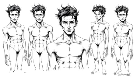 solo, high quality, ideal facial features, multiple perspectives, comic style, sketch, partial nudity, duplicates, additional arms and legs, fused digits, artist signature, text elements, flawed anatomy, challenging concepts, negative space