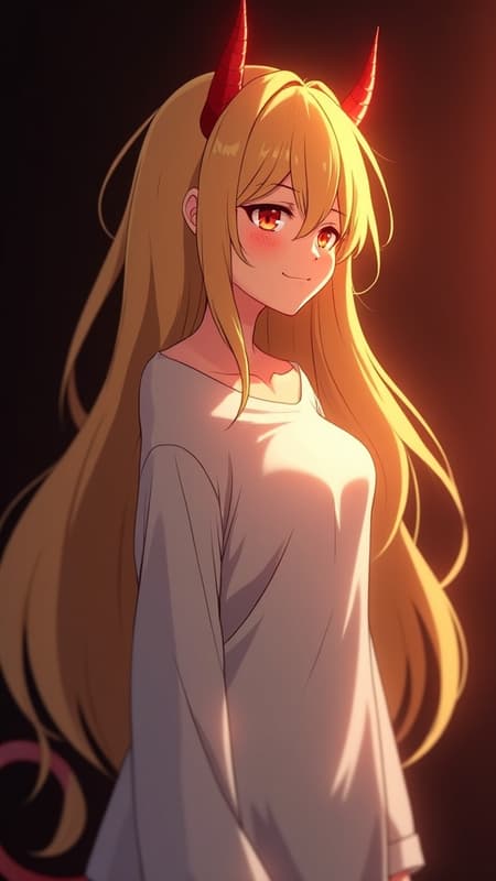 Anime style, full body shot of Power from Chainsaw Man, long flowing blonde hair, red devil horns, wearing an oversized, slightly sheer white long-sleeve shirt that reveals her form underneath, eyes closed with a gentle smile, head tilted to the side, soft, warm backlighting creating highlights on her hair and shoulders, subtle blush on cheeks, dark solid background, cozy and intimate mood, warm color palette, digital art.