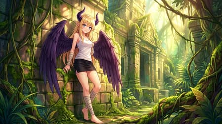 Blonde Elf Girl With Wings In Jungle Ruins masterpiece, best quality, 1girl, solo, anime style, fantasy, blonde hair, long hair, blue eyes, pointy elf ears, two purple horns, large purple feathered wings, white tank top, black mini skirt, fabric bandages on legs and arms, barefoot, ancient jungle ruins, overgrown stone temple, mossy environment, sunlight filtering through trees, cinematic lighting, (vibrant colors:1.1). standing, leaning against stone wall, looking at viewer