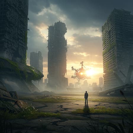 Dystopian Landscape Unfolds, Artwork An awe-inspiring dystopian landscape unfolds, merging cinematic grandeur with epic undertones. Towering, decaying skyscrapers loom over a desolate cityscape, their skeletal frames pierced by shafts of eerie, dim light filtering through an overcast sky. The ground, a cracked tapestry of concrete and forgotten remnants, is blanketed in creeping vines and resilient weeds. A lone figure stands silhouetted against the horizon, gazing at the distant glow of a rising, mechanical sun—a symbol of hope in a world teetering on the brink.
