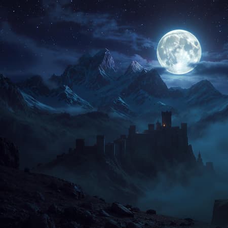 Majestic Snow-capped Mountains Art In the distance, majestic snow-capped mountains tower, their peaks gently veiled by drifting clouds. Their deep indigo hues are laced with whispers of violet and slate, shifting like a living tapestry under the ambient light. The mountains stretch endlessly, pulling the gaze into an infinite horizon. A gentle, otherworldly glow suffuses the scene, with the full moon casting a luminous, silver sheen across the landscape. This moonlit aura reveals intricate textures of both the sprawling fortress and the terrain surrounding it, enhancing a sense of depth and realism. Shadows weave through, rich and intense, tinged with shades of blue and violet that add layers to the air of mystery and allure. The image evokes stunning beauty and marvel, where the regal castle and the enchanting natural scenery unite to inspire awe and wonder.