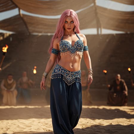 A captivating, slender woman with a toned, muscular midriff and cascading waist-length dusty rose hair stands confidently in the heart of a sandy dance arena. Her piercing, radiant blue eyes exude a quiet assurance, facing the viewer with a sultry, introspective gaze. Her attire, an exquisite combination of a lavishly embroidered and embellished belly dancing top and deep, dark blue pants, glistens under the filtered light. Sunbeams sift through the overhead canopy, casting playful dappled shadows and highlighting her striking features and attire's intricate textures. The scene unfolds from a wide, low-angle perspective, enhancing her magnetic presence as torchlight casts a warm glow, reminiscent of a Luis Royo artwork.