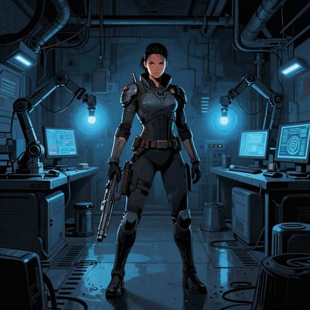 Full shot of a lone female sci-fi warrior with a ponytail, wearing dark armored suit, holding a large futuristic gun, standing in a dimly lit, dark blue, metallic industrial laboratory. The art style is a comic book illustration with bold black outlines and a gritty texture. Intense blue light emanates from computer screens, robotic arms, and floor panels, creating a stark contrast against the dark background. The mood is mysterious and serious. The atmosphere is cold and technological, with wires and pipes overhead.