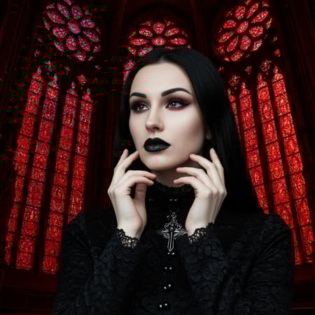 Gothic girl in elegant black attire, flawless features, macro head shot, gothic cathedral in the background, stunning photograph with seamless lines, cathedral windows reflecting fiery red hues, intricate delicate mandala-like decorations, captured in 8k UHD HDR, featuring Model: Dark Sushi with a unique aesthetic, subtle artistic variations such as a slightly longer neck, expressive gaze, elegant fingers, maintaining a high-quality resolution, avoiding any out-of-frame or blurred details, pristine image free of artifacts, clarity without logos or text distractions.
