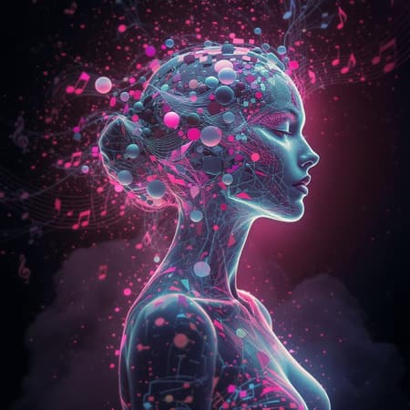 An ultra-detailed illustration of a light silhouette of a woman, a phantasmagorical figure with neon light and colorful particles. Using CMYK colors, she is backlit in a cyberpunk setting, with soft, natural volumetric cinematic light. Her ghostly form has motion blur and a fragmented mosaic body, where spheres break off her face with mechanical fragmentation. High detail captures floating parts in an 8k, octane-rendered masterpiece, with a stunning depth of field and ultra-wide perspective. Dynamic lighting and amazing shadows play over vibrant colors, creating atmospheric drama. Musical notes stream visibly, ecstatically surrounding her in HDR, completing this ethereal scene.