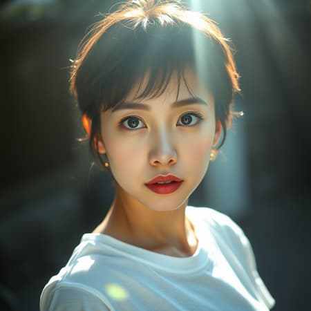 A realistic and detailed portrait of a woman with large, expressive round eyes and short, tousled hair, captured outdoors. She is wearing a simple white t-shirt and gazing intently at the camera, her lips slightly chapped. The image is bathed in soft, natural light, creating an intimate yet magical atmosphere, with dramatic lighting enhancing the scene. The photography style is photo-realistic and ultra-detailed, reminiscent of a Leica 50mm lens at f1.4 capturing an Asian, specifically Chinese woman with a busty figure. The composition feels personal and engaging, with subtle adjustments to the pose and expression to add a unique twist while maintaining the essence of the original concept. A realistic and detailed portrait of a woman with large, expressive round eyes and short, tousled hair, captured outdoors. She is wearing a simple white t-shirt and gazing intently at the camera, her lips slightly chapped. The image is bathed in soft, natural light, creating an intimate yet magical atmosphere, with dramatic lighting enhancing the scene. The photography style is photo-realistic and ultra-detailed, reminiscent of a Leica 50mm lens at f1.4 capturing an Asian, specifically Chinese woman with a busty figure. The composition feels personal and engaging, with subtle adjustments to the pose and expression to add a unique twist while maintaining the essence of the original concept.