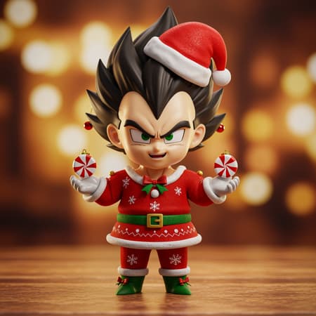 Chibi Vegeta wearing a festive holiday outfit with vibrant Christmas-themed colors, adorned with cute ornaments and a tiny Santa hat, in a playful 3D style.