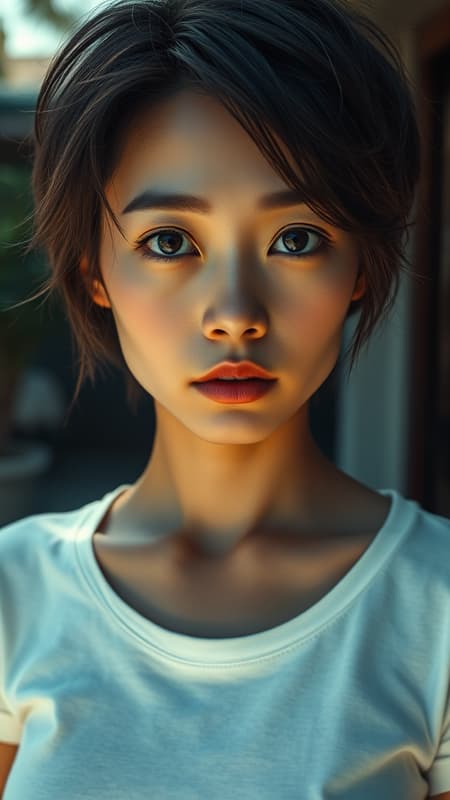 A highly detailed and realistic portrait of a Chinese woman with large, expressive eyes and short, tousled hair. She is photographed outside, wearing a white T-shirt and gazing directly into the camera, her lips slightly chapped. The soft natural lighting creates an intimate and magical atmosphere, complemented by dramatic shadows for a striking effect. The photo captures an ultra-detailed and photo-realistic quality, shot with a Leica 50mm lens at f1.4. The composition focuses on her busty figure, emphasizing the serene and contemplative essence of the moment. A highly detailed and realistic portrait of a Chinese woman with large, expressive eyes and short, tousled hair. She is photographed outside, wearing a white T-shirt and gazing directly into the camera, her lips slightly chapped. The soft natural lighting creates an intimate and magical atmosphere, complemented by dramatic shadows for a striking effect. The photo captures an ultra-detailed and photo-realistic quality, shot with a Leica 50mm lens at f1.4. The composition focuses on her busty figure, emphasizing the serene and contemplative essence of the moment.
