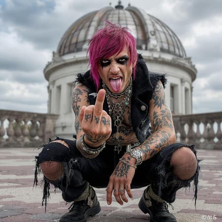 A rebellious street punk in emo-style attire, giving the middle finger while directly engaging the viewer, features a bob cut and a cheeky tongue-out expression, with a closed mouth. He's squatting, showcasing his torn clothes adorned with piercings, an array of eclectic jewelry, and striking tattoos. The scene is set against the backdrop of an observatory, filled with exquisitely intricate details and an incredibly high-resolution, absurdly detailed background that captivates with its stunning quality.