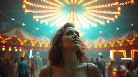 Retro-futuristic vision of a woman at the grand circus, ultra-realistic with octane rendering, cinematic CGI photography, using a warm retro color palette, ProPhoto RGB, dreamlike surreal elements, reminiscent of a vintage 35mm photograph, capturing the essence of a timeless spectacle with a modern twist.