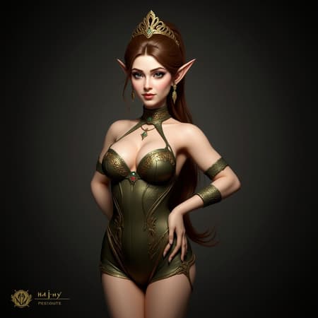 Generated Female Elf A mesmerizing female elf with an intricate and elegant design, depicted in a highly detailed and alluring manner. She wears a form-fitting, lingerie-inspired outfit that accentuates her voluptuous figure. The artwork, a digital painting, combines elements of concept art and illustration, with influences from the styles of Greg Rutkowski and Alphonse Mucha. The composition features a soft yet sharp focus, capturing the ethereal grace of the elf. This stunning portrait, rendered in an mdjrny-v4 style, achieves an impressive 8K resolution, enhancing the enchanting and mystic quality of the piece.