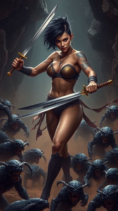 A powerful female warrior with a black pixie cut, adorned with tribal tattoos, stands amidst a chaotic grotto, skillfully wielding two gleaming katana swords. Her chainmail loincloth and bra gleam in the dim light, offering both protection and freedom of movement. Her lithe and muscular form is a blur of motion as she battles a horde of small, grotesque demons, their snarling faces contrasted by her fierce determination. Dust swirls, lit eerily by the faint glow of underground crystals. The atmosphere is tense, filled with the clashing sound of swords and the growls of vanquished foes.