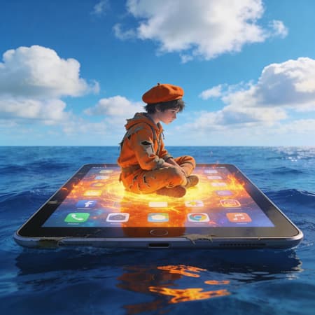 Child On Glowing Tablet In Vast Ocean Photorealistic image of a young person in a tattered orange outfit and beret, sitting cross-legged on a large tablet floating in the middle of a vast, deep blue ocean. The tablet screen glows with a fiery orange and yellow energy, displaying various app icons. The person gazes intently at the glowing screen. The sky is bright blue with scattered fluffy white clouds. The mood is contemplative and isolated, with a stark contrast between the natural environment and the glowing technology. The lighting is bright and natural for the sky, with the tablet screen being the primary light source for the figure.
