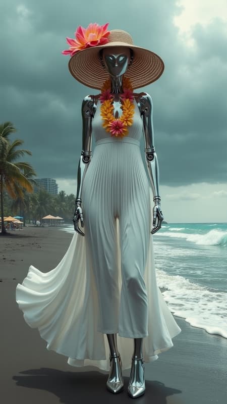 Full body shot of a sleek chrome feminine robot, wearing a wide-brimmed straw hat adorned with tropical flowers and a colorful lei, and a white pleated dress blowing upwards like Marilyn Monroe, standing on a dark sand beach. The robot wears silver high heels. In the background are palm trees, a luxury resort, and crashing ocean waves under a dramatic, stormy sky with dark, heavy clouds. The art style is photorealistic with a high level of detail on the metallic parts and fabric. The lighting is overcast and moody, reflecting off the shiny surfaces. The colors are muted and desaturated, dominated by dark grays, blues, and whites, with pops of color from the flowers.