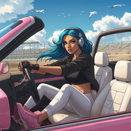A stunning woman with tanned skin and pronounced cheekbones is driving a convertible with white seats. She exudes grace and confidence with dark eyebrows and reflective eyes accentuated by mascara and makeup. Her open mouth suggests determination, and she wears racing gloves as she grips the wheel, navigating through dust particles in detailed, dramatic lighting. Her attire includes a black crop top and an open jacket, paired with white yoga pants and large pink sneakers. The setting is a race track with a road, bleachers, and a vibrant backdrop of a blue sky dotted with white clouds and birds in flight. The scene captures the essence of speed and elegance, reminiscent of John Constable and Ed Blinkey's art, with influences from Studio Ghibli, Jeremy Mann, and Greg Manchess. The image features intricate, high-detail, chiaroscuro lighting, and stylistic elements inspired by Makoto Shinkai's Kyoto aesthetics. Her blue hair, resembling Iron Mouse's style, is complemented by headphones, enhancing her modern and dynamic look. She drives a pink convertible, creating a colorful contrast in this picturesque, animated scene, drawing inspiration from cartoon and 3D styles. The composition is trending on platforms like ArtStation and CGSociety for its dramatic, artistic representation, free from unrealistic features or distorted anatomy.