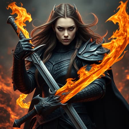 A highly detailed and realistic depiction of a woman clad in terrifying black armor, with a human face framed by long, flowing hair. She wields a blazing fire sword with commanding presence, the dragon-themed armor showcasing intricate patterns and exquisite craftsmanship. Her face is rendered with exceptional precision, capturing every nuance and expression. The character stands in an epic pose, surrounded by a dramatic background of fire and ash that enhances the horror and grandeur of the scene. The composition is sharp and focused, rendered in unparalleled 32k resolution, displaying a convergence of reality and fantasy in every detail.