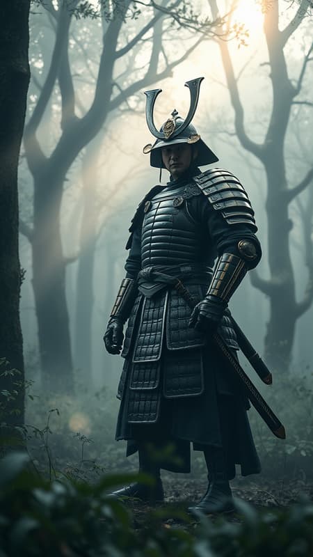 A 12th century samurai stands poised in a mist-laden forest, his armor gleaming under the soft caress of volumetric light breaking through ancient trees. Styled in the signature elegance of Yoji Shinkawa, his form is rendered in hyperrealistic detail, capturing the warrior's stoic expression and battle-hardened physique. Volumetric fog curls around his feet and the undergrowth, enhancing the mystique of the scene. Created using the Unreal Engine, the environment is exceptionally detailed, with Octane Render providing stunning realism, each texture meticulously crafted. The depth of field centers on the samurai, blurring the lush, foggy forest into an atmospheric backdrop, --q 2 --s 750 --ar 9:17.