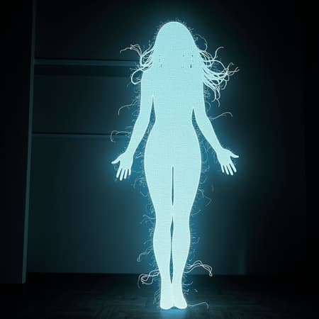 Sci-Fi, strange, eerie...sexy? Ghost in the electronics? She is a shapely curvy female humanoid form with no discernable features; even her long hair is composed completely of television static and has an eerie glow. She can become energy and move through power lines, telephone lines, outlets, cable lines, and anything plugged in. She can appear  in television screens, computer monitor screens, and sometimes smartphone screens. She travels through connected lines, but can ride the airwaves if necessary. When she appears in full humanoid form, she is just a sensuous curvy glowing figure composed of television static,including her hair. She has no actual voice, but sometimes people can hear breathing through whatever electronic devices they might be using. Otherwise, she sounds like the white noise that television static makes. She seems to have a tendency to appear to attractive men, though anyone can see her if she chooses to make herself visible. No one knows where she came from or what she wants; it is believed she came into existence with the creation of the first electronic device, mainly television. She is not known to be dangerous, but people that have seen her get an uneasy feeling. She tends to appear whenever people (especially men) fall asleep in front of the TV late at night.....   {{{She appears as a shapely sexy feminine glowing white silhouette composed of television screen static}}} 