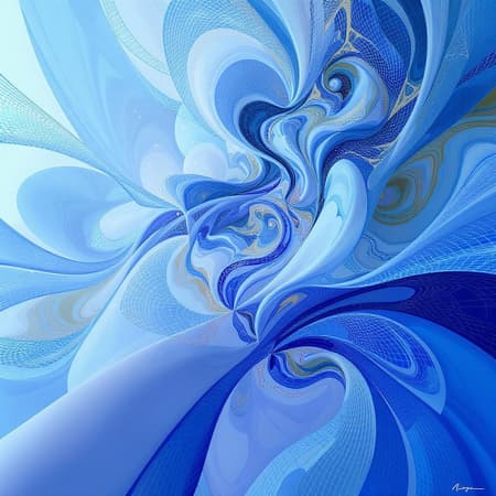 An intricate abstract composition in a palette of light and deep blues, featuring rich geometric patterns interwoven with dynamic, flowing elements evoking a sense of movement and flight; the image is rendered in high-definition detail, showcasing a seamless blend of soft and vibrant blue tones.