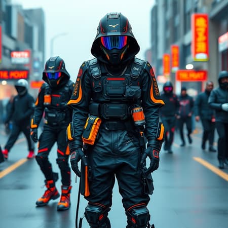 cybernetic techwear street ensemble, visible from feet to head, intricately detailed, inspired by the golden ratio, featuring vivid colors and hypermaximalist design, set in a futuristic cyberpunk world, exuding luxury and elite status, with a cinematic feel, blending techwear fashion influences from Errolson Hugh, Nike ACG, Yohji Yamamoto, Y3, and ACRNYM, incorporating elements of sleek matte finishes, avant-garde silhouettes, and innovative materials, reflecting a perfect harmony of form and function.